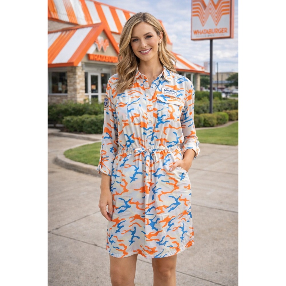 Whataburger Magellan Shirt Dress XXL Outdoors Fish Gear Camo Blue Orange White